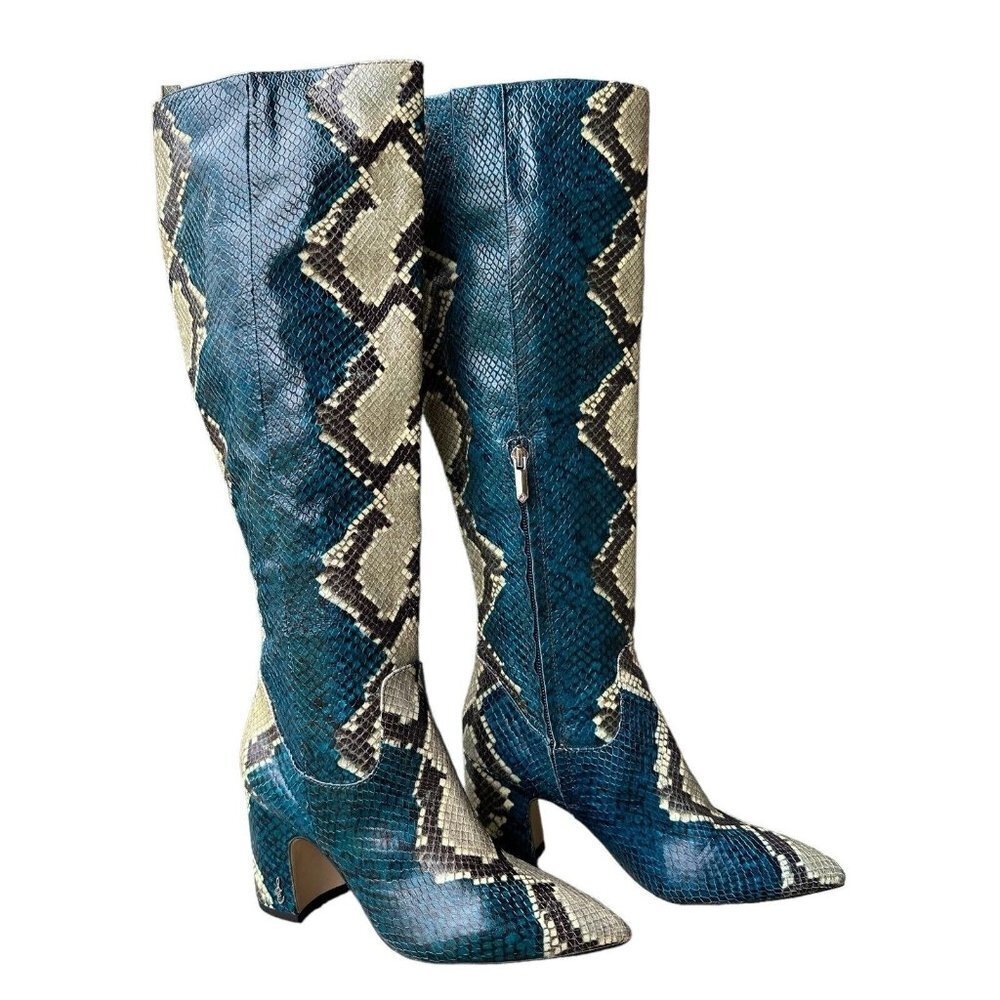 Sam Edelman Leather Boots Hai Snakeskin Peacock Blue‎ Knee High Women 6.5 M EUC